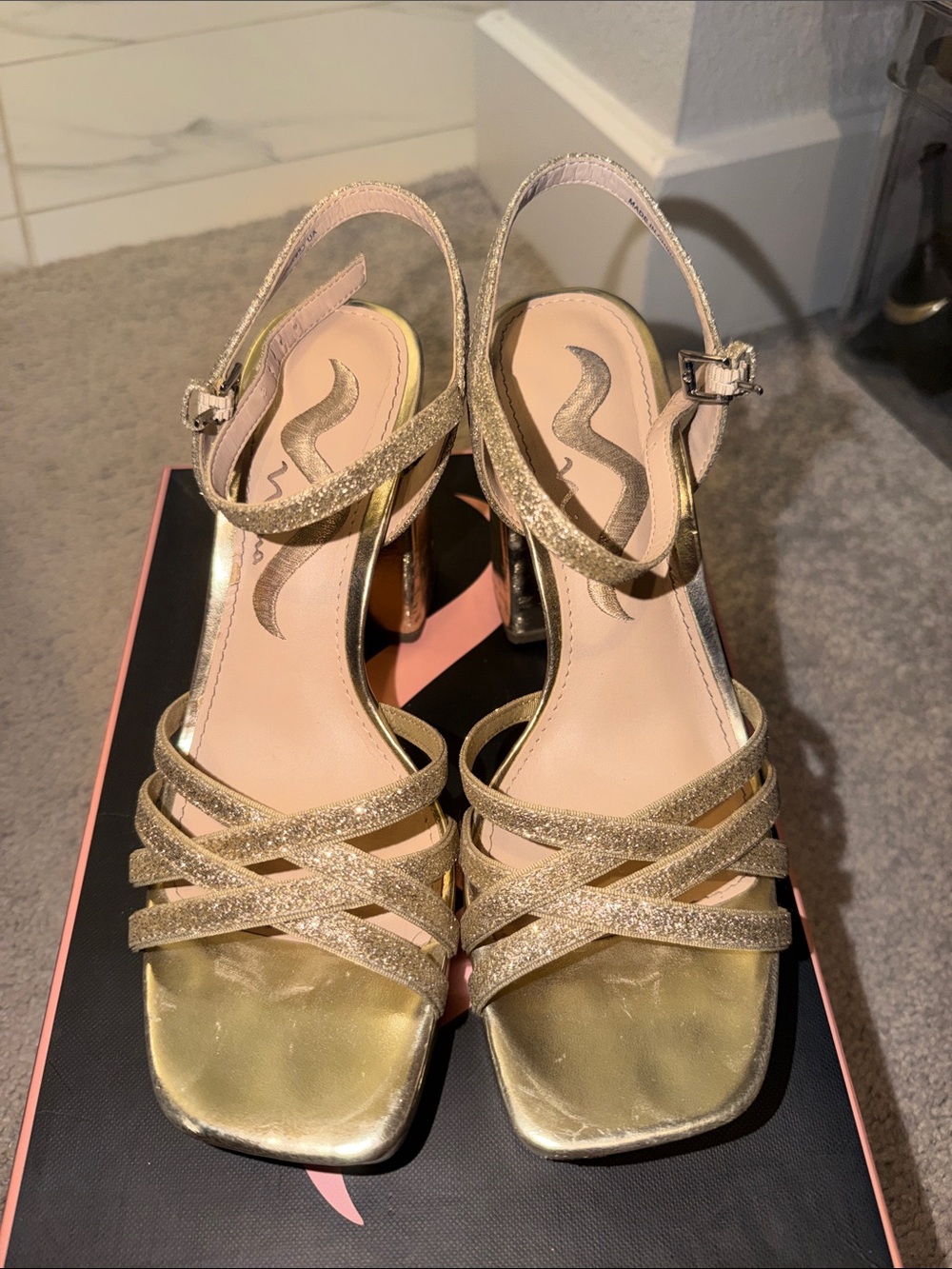 Nina Gold Glitter Strappy Slingback Heels